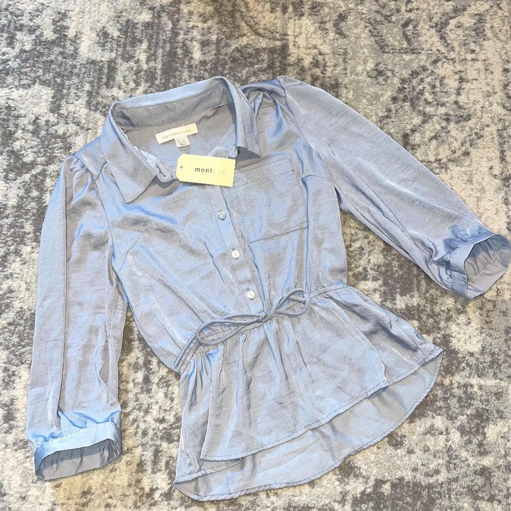 NWT! Monteau Blue Babydoll Button Down Top XS